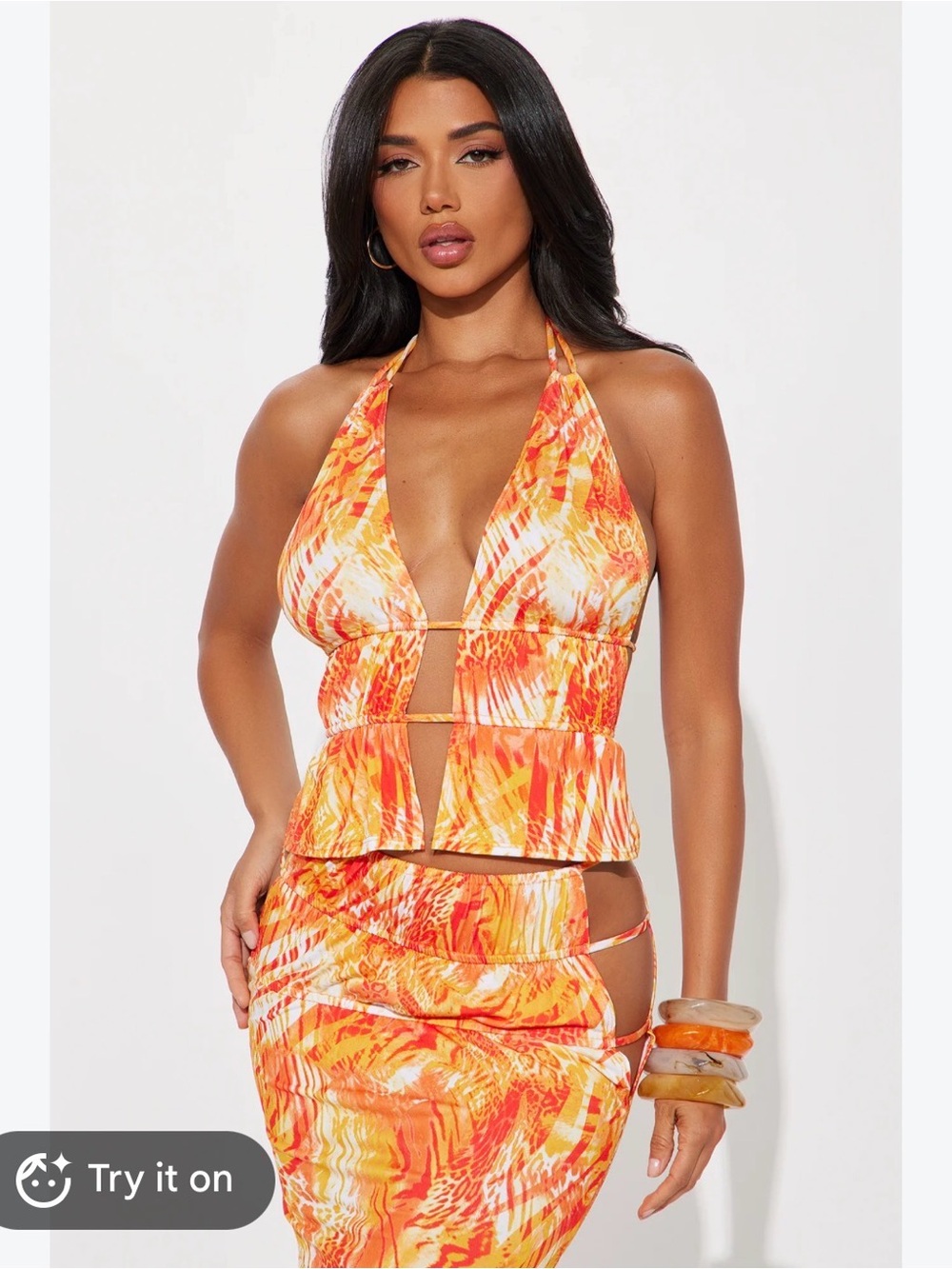 Fashion Nova Orange & Yellow Halter Cutout Swim Top